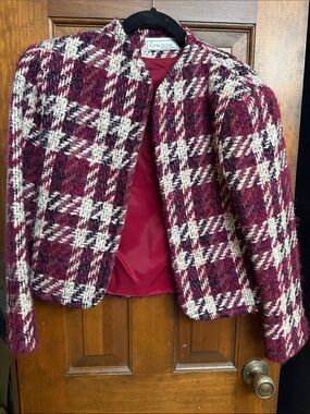 Burgundy & Cream Houndstooth Wool Blend Jacket